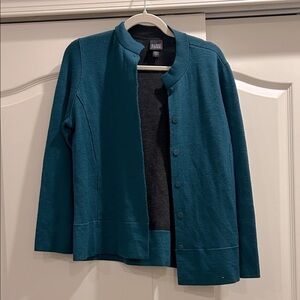 Eileen Fisher Peacock Blue Mandarin Collar Merino Wool Cardigan Sweater